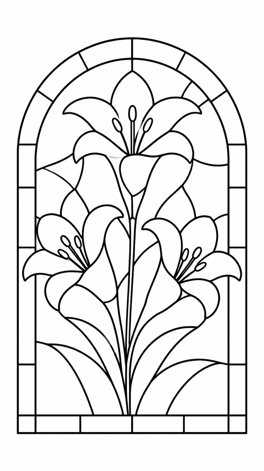 AI-generated coloring page of three lilies in an arched stained-glass window