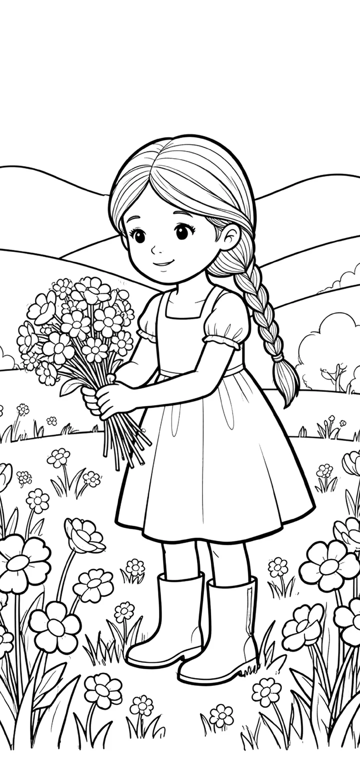 AI-generated coloring page of a girl gathering flowers in a meadow