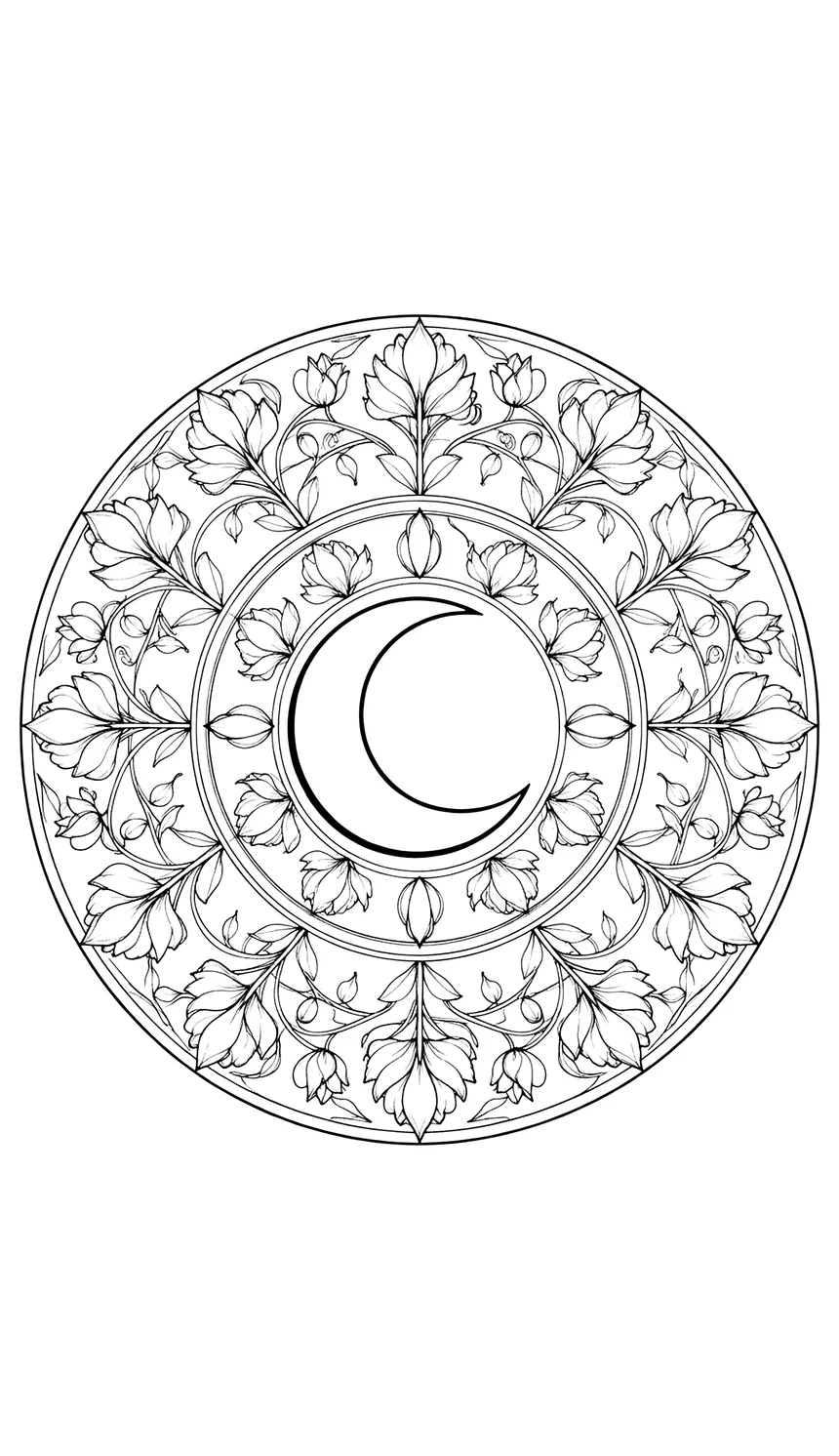 AI-generated printable coloring page of a moon mandala with flowers
