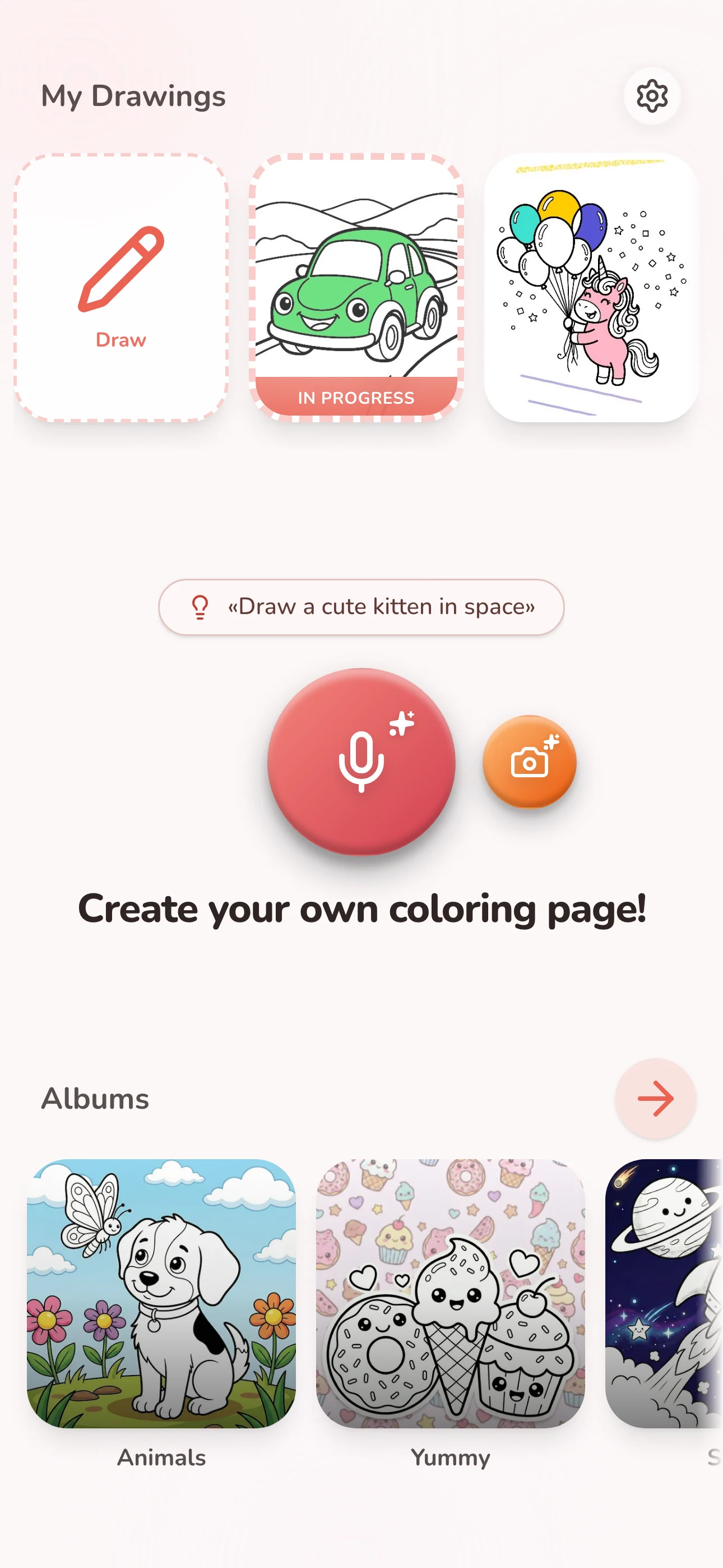 Coral theme home screen with a polished unicorn drawing and a colorful draft preview