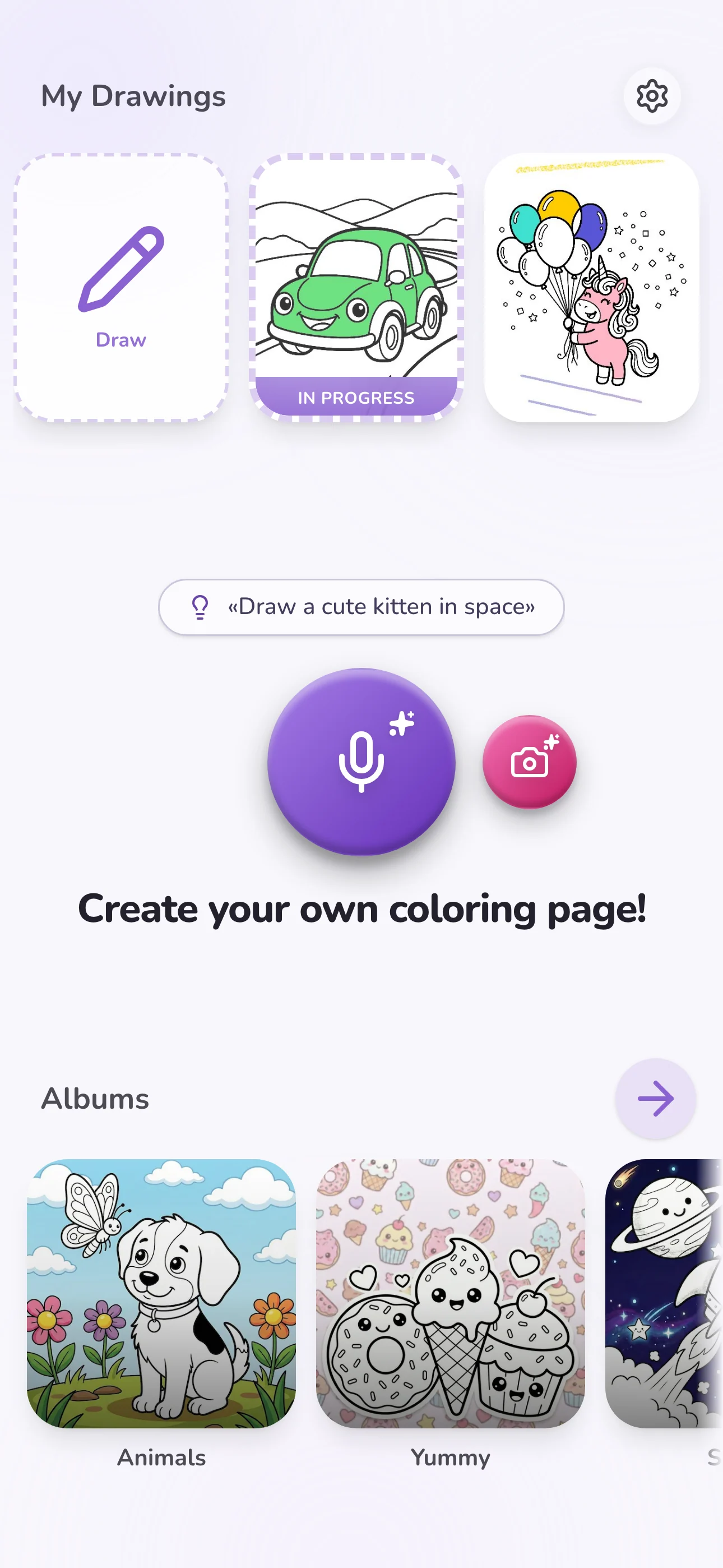 Lavender theme home screen with a polished unicorn drawing and a colorful draft preview