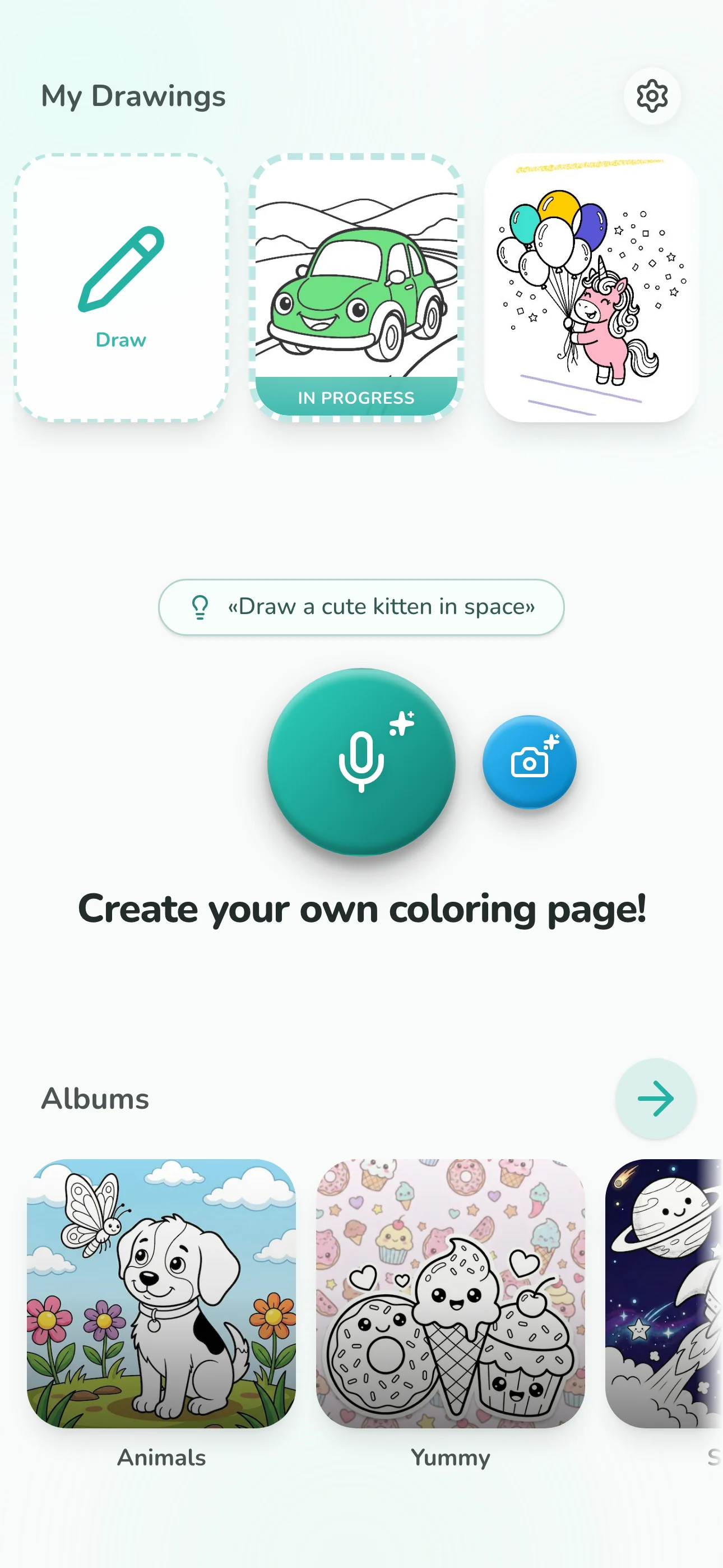 Teal theme home screen with a polished unicorn drawing and a colorful draft preview